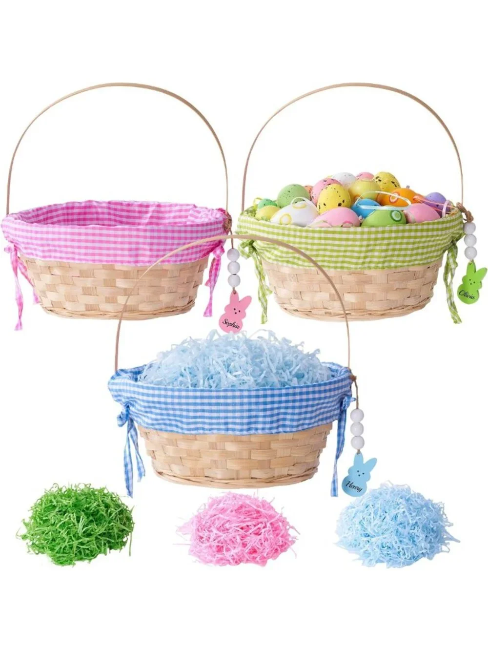 Personalized Large Easter Baskets for Kids - 3 Pcs Wicker & Rope, Colorful Gift